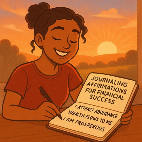 Woman smiling while journaling affirmations for financial success at sunrise.