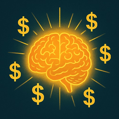 Digital illustration of a glowing brain and dollar signs, symbolizing rewiring the subconscious mind for wealth.