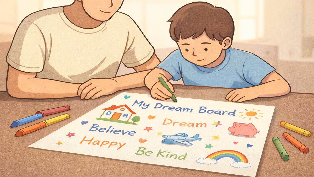 Parent teaching child how to explain the Law of Attraction using a colorful vision board and positive words