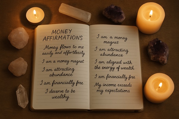 Open notebook with handwritten money affirmations surrounded by candles and crystals, representing manifestation practice.