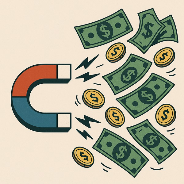 Red and blue magnet attracting dollar bills and coins, symbolizing money magnetism and wealth attraction.
