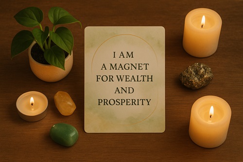 Affirmation card that reads “I am a magnet for wealth and prosperity” placed on a wooden table with a money plant.