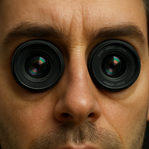 Close-up of human eyes with camera lenses, depicting the concept of photographic memory and visual recall ability