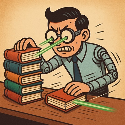 Animated character scanning pages of a book like a machine, symbolizing photographic memory and fast information absorption.