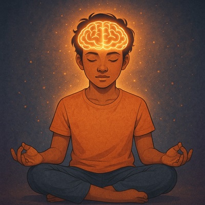 Person meditating with glowing brain light effect, illustrating meditation for improved memory and subconscious mind relaxation