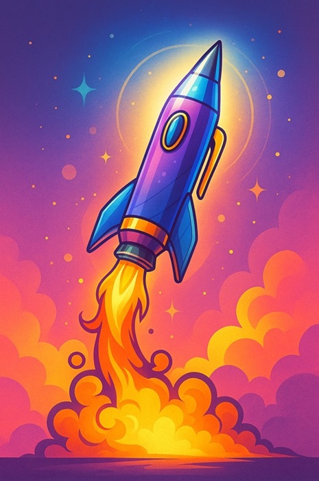 Creative visualization of a rocket-shaped pen launching, representing the memory peg technique for photographic memory training