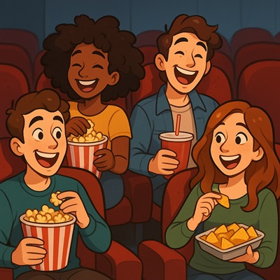 People mindlessly eating snacks while watching a movie, an example of emotional eating