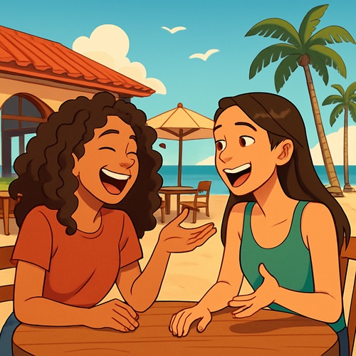 Two friends laughing and talking mindfully at a beachfront restaurant, illustrating good emotional health and authentic communication