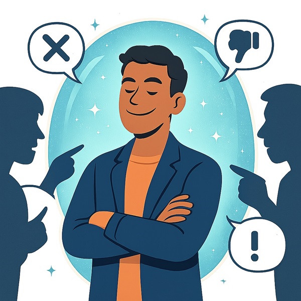 Confident smiling person surrounded by a protective aura, symbolizing emotional health traits and the ability to stay joyful despite negative opinions of others