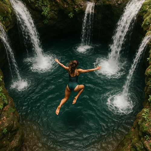 Woman diving into natural fountain waters, symbolizing emotional freedom and inner strength