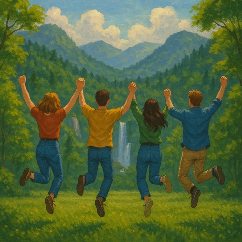 Happy friends holding hands and jumping with joy in front of mountains and waterfalls