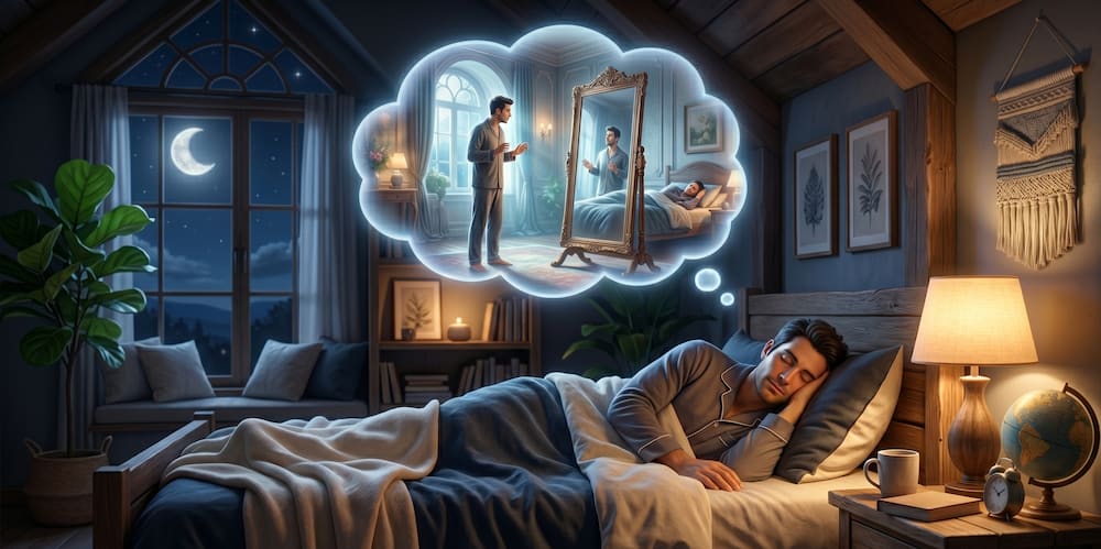 Lucid dreamer observing their sleeping body during a dream awareness experience.