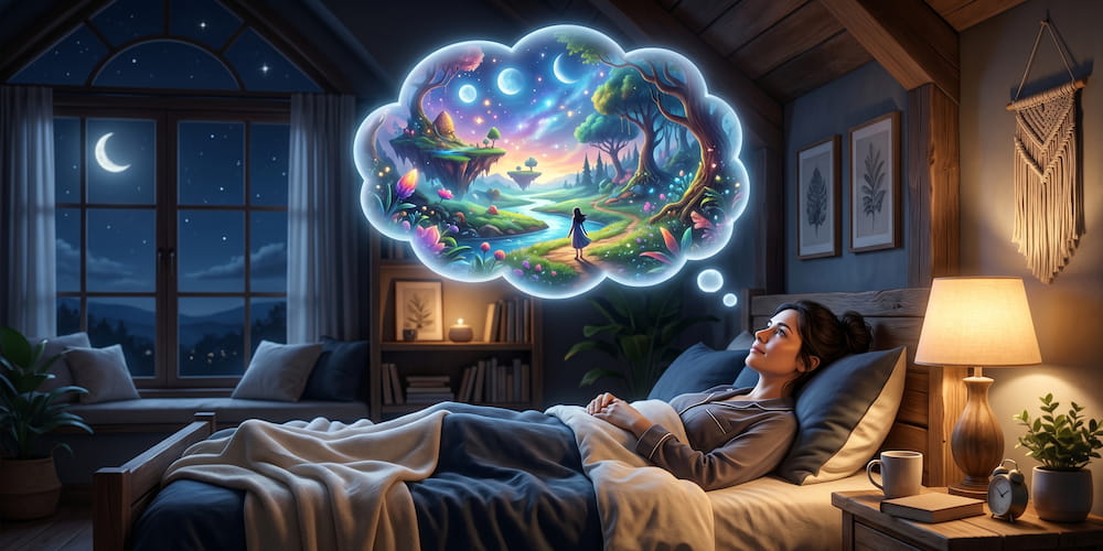 Person practicing lucid dreaming meditation while remaining aware before sleep.