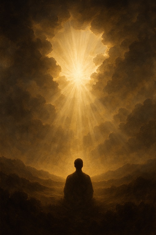 “Symbolic representation of spiritual awakening with light breaking through clouds”