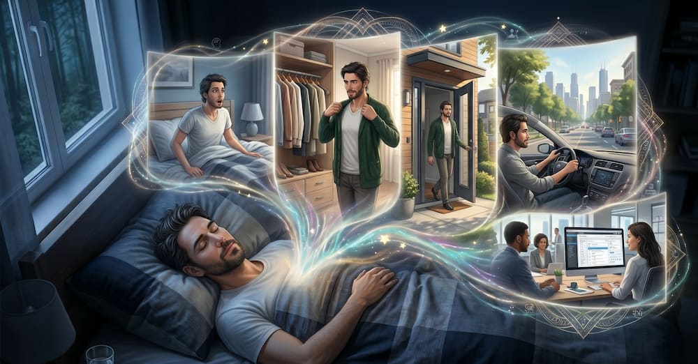 False awakening dream where a person imagines waking up and going to work.