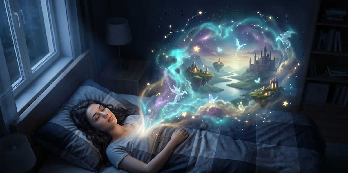 Sleep paralysis transitioning into a lucid dream as dream imagery forms around a sleeping person.