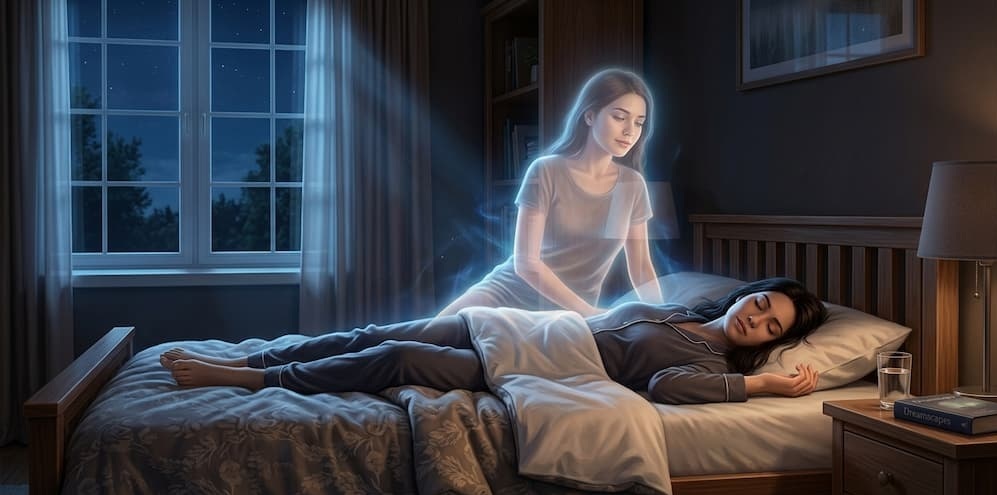 Person experiencing sleep paralysis while a dream version of themselves sits up from the bed.