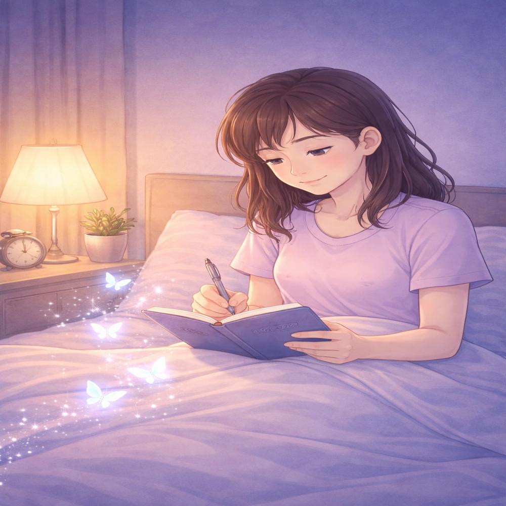 person writing dreams in journal at night with dreamy atmosphere for lucid dreaming practice
