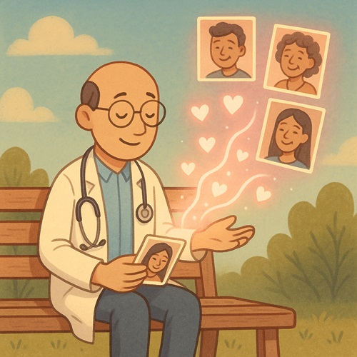Illustration of Dr. Hew Len spiritually healing patients using the Ho'oponopono method by looking at their photos
