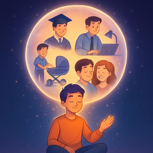 Animated person emitting a radiant bubble of light symbolizing inner healing and balance across all aspects of life—family, health, and career