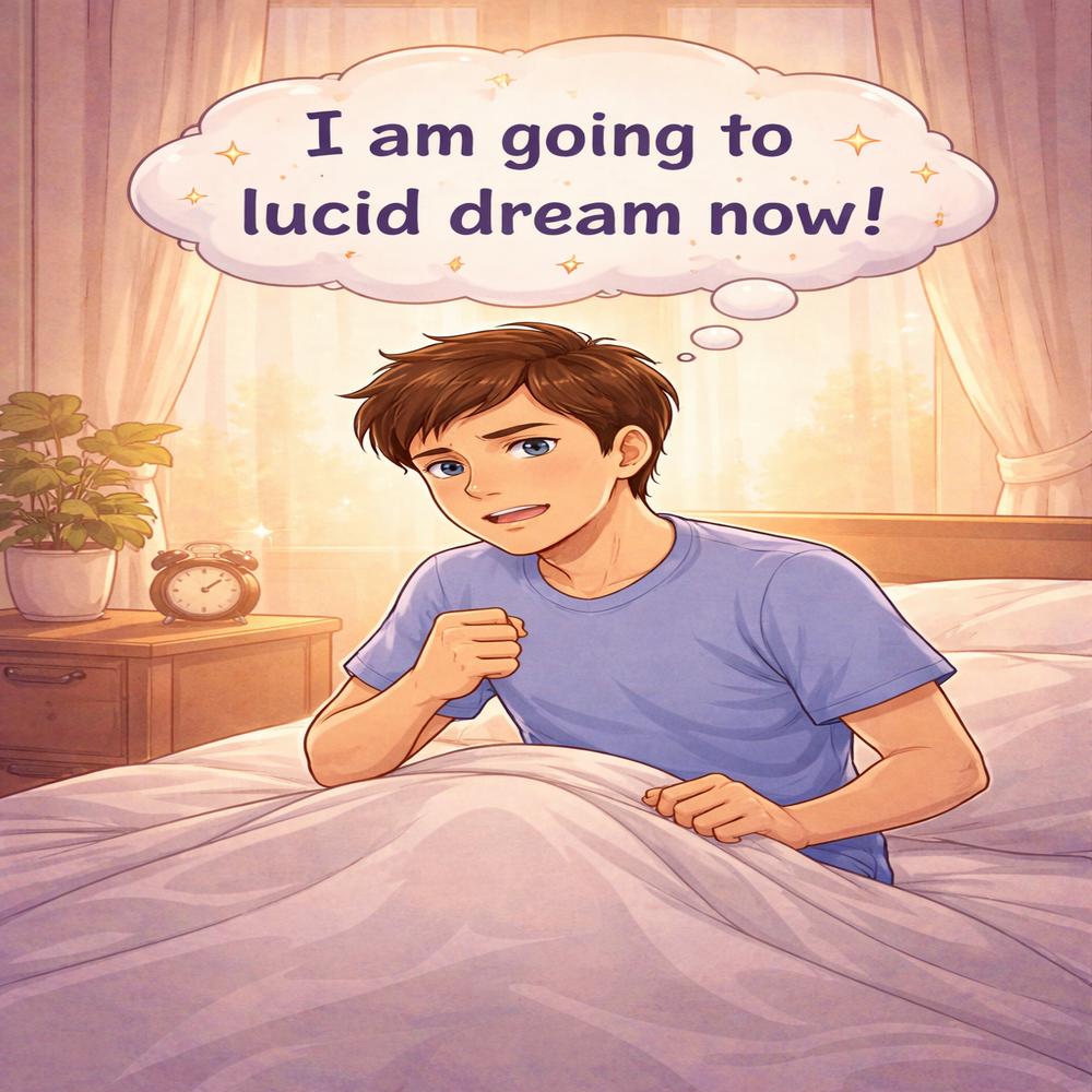 person waking up at night sitting on bed thinking about lucid dreaming intention