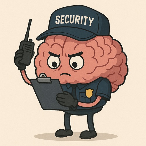 Illustration of a brain acting as a security guard symbolizing the subconscious mind filtering beliefs related to weight loss