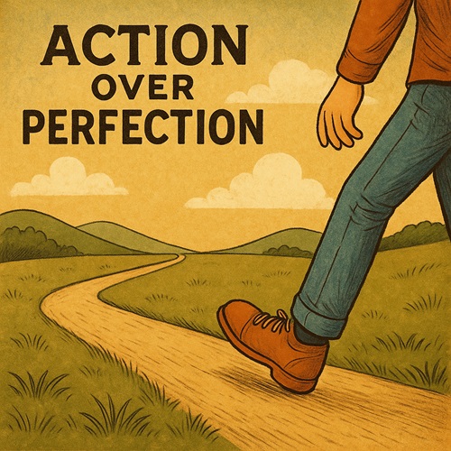 First step forward on a long path symbolizing action over perfection