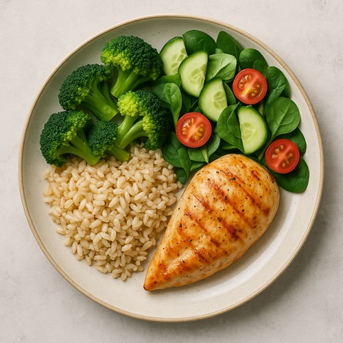 Colorful plate of healthy food choices promoting mindful eating and weight loss mindset