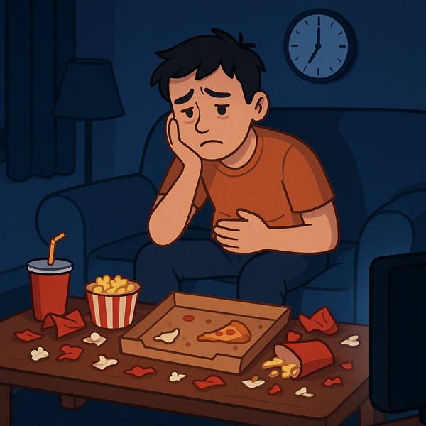 Person binge eating snacks at night, representing midnight cravings and emotional eating habits.