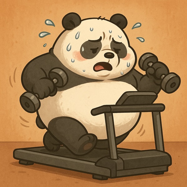 Perspiring panda running on a treadmill representing the effort and inspired action in manifesting weight loss