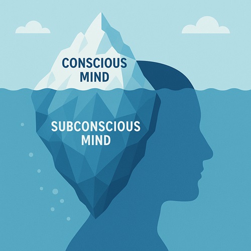 Illustration of the subconscious and conscious mind using an iceberg analogy, showing the small visible tip as conscious awareness and the larger hidden portion as subconscious beliefs