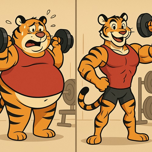 Tiger before and after transformation symbolizing powerful weight loss through inner belief change