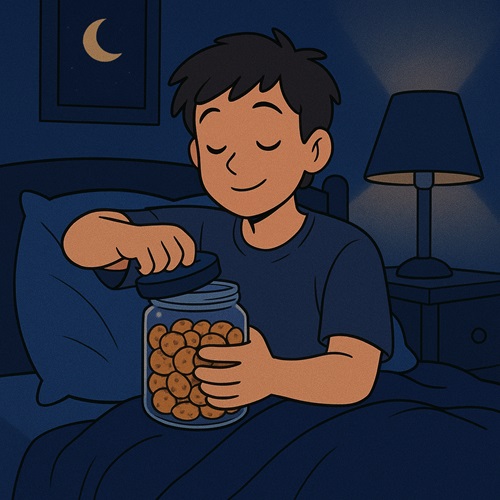 Person opening a jar of snacks at night representing midnight emotional eating and night-time cravings