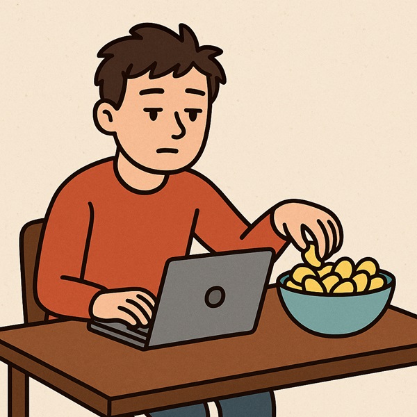 Person multitasking by working on a laptop while eating food, representing mindless eating habits and lack of attention to hunger cues.