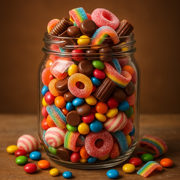 A jar full of chocolates, candies, and sugary treats representing emotional eating triggers and unhealthy snacking habits.