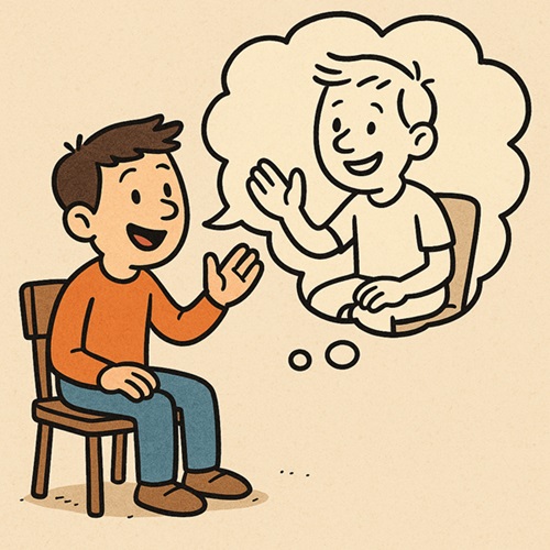 Cartoon of a person imagining a conversation with someone, with thought bubbles showing the dialogue.