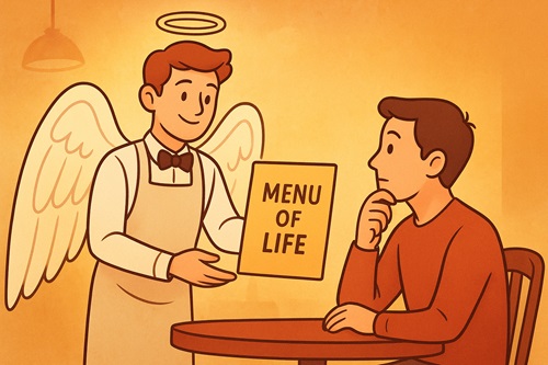 Cartoon illustration of an angel waiter handing a menu card titled “Menu of Life” to a customer in a restaurant, symbolizing choosing true desires and life goals.
