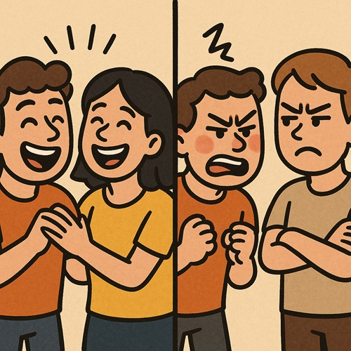 Cartoon showing a person laughing with one individual in one frame and being angry with another in a second frame, illustrating how behavior changes with different people