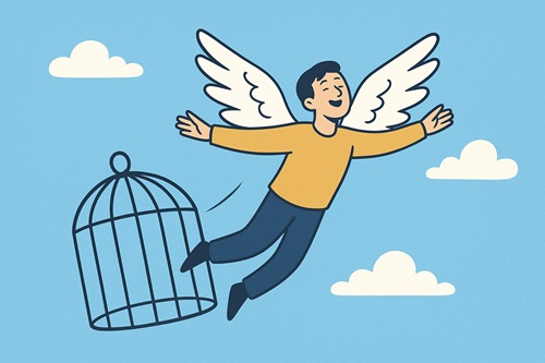 Illustration of a person with angel wings joyfully flying out of a cage symbolizing freedom from societal expectations and discovering true burning desire.