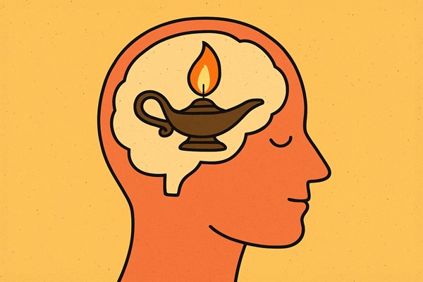 A digital illustration of a human head with an oil lamp burning inside the brain, symbolizing persistence and the power of a burning desire in the Law of Attraction.