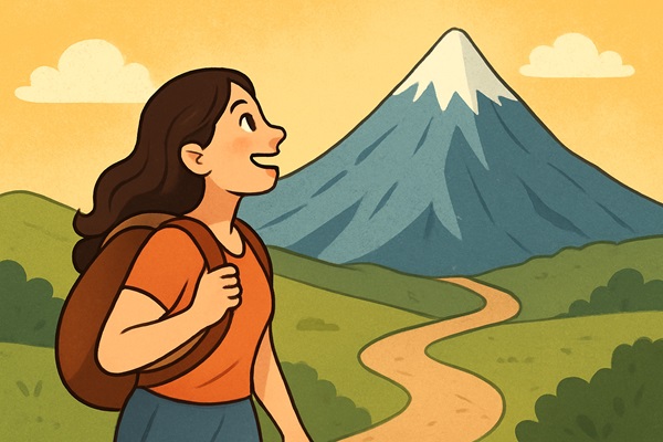 Cartoon woman smiling with passion in her eyes while looking at a mountain peak she is about to climb, symbolizing the journey of discovering true purpose and following inner desires.
