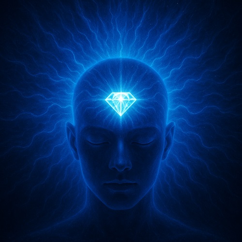 Illustration of a glowing head with blue light radiating outward, a bright diamond at the brain's center symbolizing intuition and aura energy.