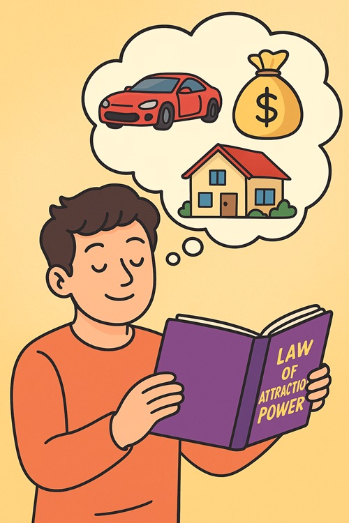 Cartoon person reading a book titled The Law of Attraction Power while visualizing dream life with car, luxury, and house in a thought bubble