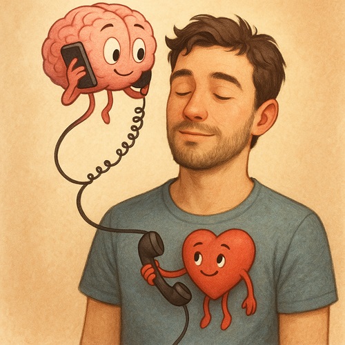 Animated illustration of a man standing with eyes closed, visualizing his brain calling his heart on a phone, representing inner conversation and self-reflection.