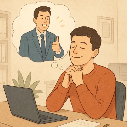 Animated illustration of a person sitting and imagining their boss praising them at work, showing both the person and the imagined scene in thought bubbles