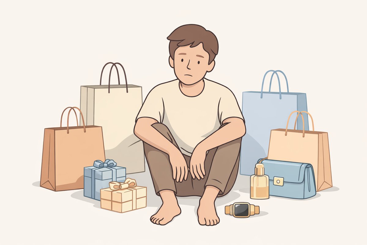 “Illustration showing material purchases not guaranteeing emotional happiness”