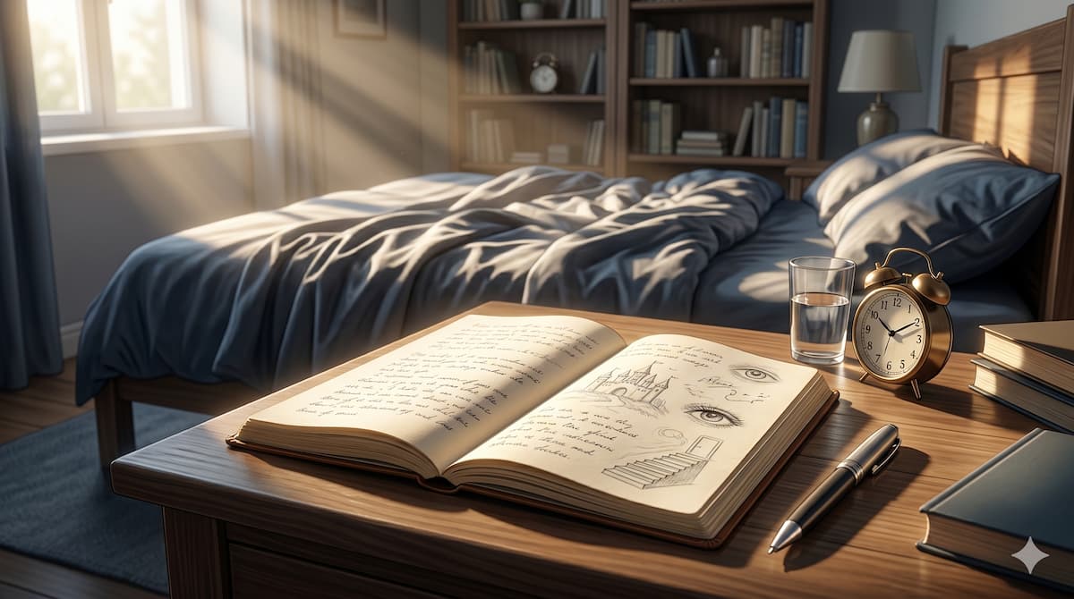 Dream journal with handwritten notes beside a bed used to improve dream recall for lucid dreaming.