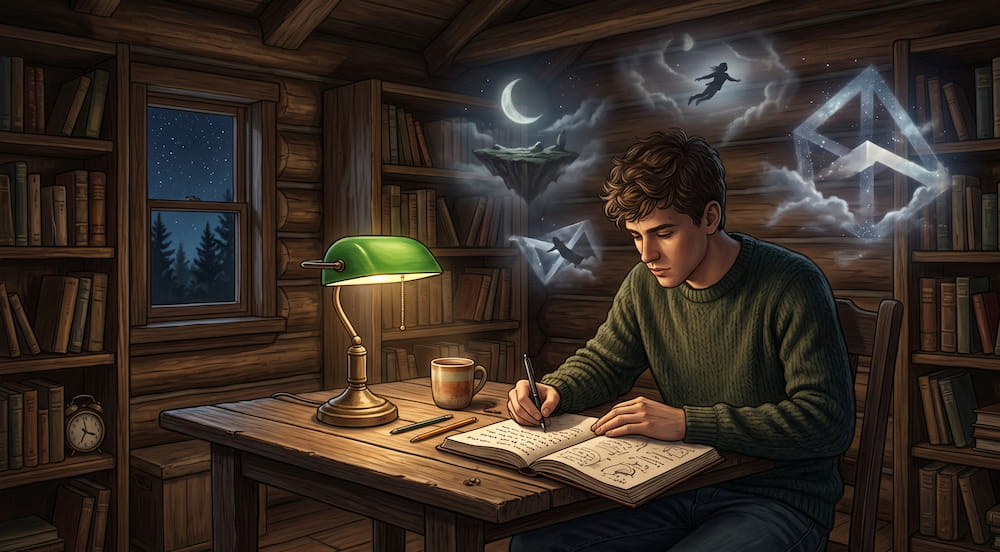 Lucid dreamer writing in a dream journal as part of a natural lucid dreaming practice.
