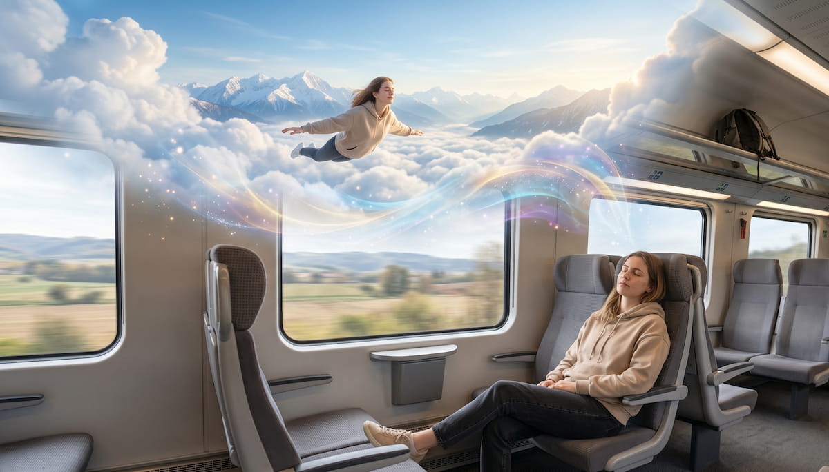 Person experiencing hypnagogia during a train nap before entering a lucid dream.