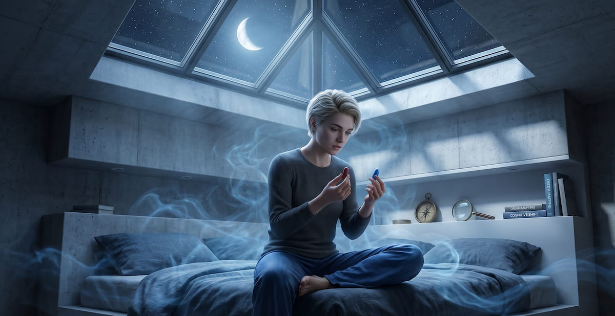 Person holding red and blue pills while exploring lucid dreaming supplements.